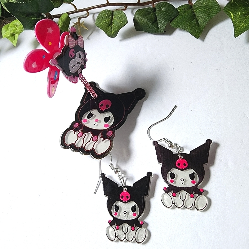 Hello Kitty Kuromi Earrings and Spinner Hair Clip